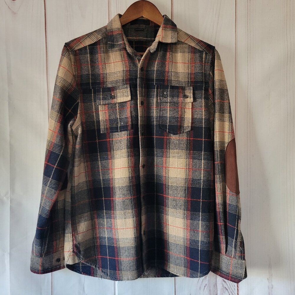 Comune Plaid Flannel Long Sleeve Shirt, Wool Blend, Men’s S, Elbow Patch, NWOT